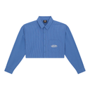 A cropped long-sleeve button-up shirt in blue with thin white vertical pinstripes, featuring a pointed collar, a chest pocket, and a white oval 'Zombie' logo patch on the pocket. The shirt is laid flat against a solid white background.