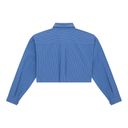 A cropped long-sleeve button-up shirt with thin vertical white pinstripes on a medium blue base, shown from the back against a plain white background.