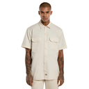 Man wearing a beige short-sleeve shirt on a white background