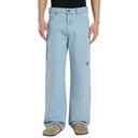 Light blue jeans worn by a person on a white background