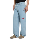 Light blue jeans with a red label on a white background