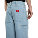 Light blue jeans with a Dickies logo on the pocket against a white background