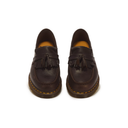 A pair of dark brown leather tassel loafers with yellow contrast stitching and brown soles, shown from the front on a white background.