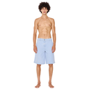 Man wearing light blue shorts on a white background