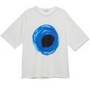 White t-shirt with a blue and black abstract design on a white background