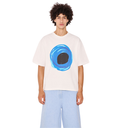 Person wearing a white t-shirt with a blue and black graphic design on a white background