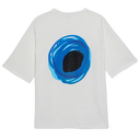 White t-shirt with a blue and black abstract design on the back against a white background