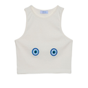 White tank top with blue eye designs on a white background