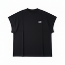 Black t-shirt with a small white logo on a white background
