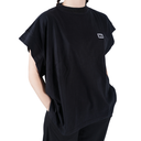 Black t-shirt with a small white logo on a white background