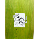 Green skateboard deck with a white graphic and 'nick michel' text