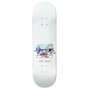 A white skateboard deck featuring a colorful cartoon illustration of a dog in a red sweater and a purple starfish, with the text 'nick michel' printed below the graphic.