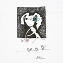 A white t-shirt featuring a black and white graphic print of a stylized woman with one eye replaced by a blue gem, accompanied by small pink birds and three small black birds below, with the brand name 'saintbarts' printed at the bottom.