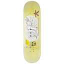 A pale yellow skateboard deck featuring cartoon-style illustrations, including a large dog face, a small house, and a red star, shown against a plain white background.