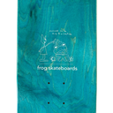 The underside of a skateboard deck featuring a vibrant turquoise and teal wood grain finish with white printed graphics and the brand name 'frog skateboards'.