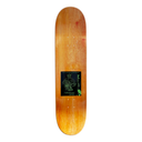 A skateboard deck shown vertically against a plain white background, featuring a natural light brown wood grain finish with a black graphic sticker in the center.