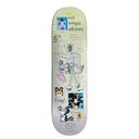 A skateboard deck featuring a collage-style graphic design with the text 'evil wingus advisory' and 'frog!' alongside illustrations of a gray robot, a pink bunny, a black-and-white cat, and small inset photos on a pale yellow-green and white background.