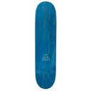 A blue skateboard deck with a natural wood grain pattern and a small white graphic near the center, shown against a plain white background.