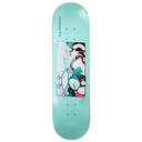A mint green skateboard deck featuring a colorful abstract graphic print in the center and the brand name 'frog skateboards' printed vertically near the nose.