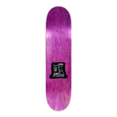 A purple skateboard deck with a black graphic sticker in the center, shown vertically against a plain white background.