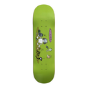 Green skateboard deck with cartoon graphics on a white background