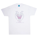 A white short-sleeve crewneck t-shirt featuring a graphic of a creepy, horned skull-like face with a wide grin and the word 'skateboards' printed below it.