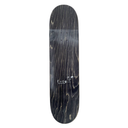 A dark wood skateboard deck with visible grain patterns and a white graphic logo near the bottom, shown against a plain white background.