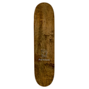 A skateboard deck with a rich, wavy brown wood grain pattern, featuring a white printed logo and text near the center, isolated on a solid white background.