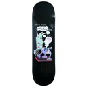 A black skateboard deck featuring a colorful graphic of a cartoon character riding a bicycle, with the text 'sorry sis, i'm just not interested' printed above.
