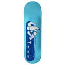 Skateboard deck with a blue and white design on a white background