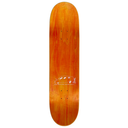 An orange maple skateboard deck with a white graphic of a car and the text 'I'M NOT EATING CARS' printed near the bottom, shown against a plain white background.