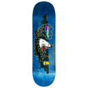 Skateboard deck with artistic design on a blue background