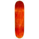 A skateboard deck shown vertically against a plain white background, featuring a vibrant orange and red flame-grain wood pattern with a small white graphic near the bottom.