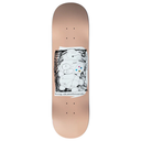 Skateboard deck with a graphic design on a white background