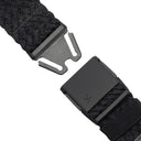 Black woven belt with a metallic buckle on a light gray background