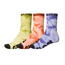 Three tie-dye socks with 'Globe' branding on a white background