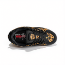 A black high-top sneaker featuring a bold leopard print pattern in brown and beige, shown from a top-down view on a white background.