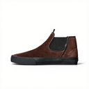 A brown suede Chelsea-style slip-on shoe with black elastic side panels and a black rubber sole, shown in profile against a white background.