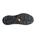 Black shoe sole with a yellow label on a white background