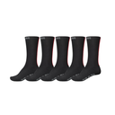 Set of six black socks with red accents on a white background