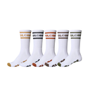 Five pairs of white socks with 'GLOBE' branding on a white background
