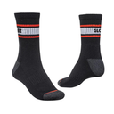 Black socks with red and gray stripes on a white background
