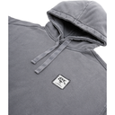 Gray hoodie with a logo on the chest against a white background