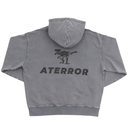 Gray hoodie with 'Aterror' logo on the back against a white background