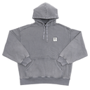 Gray hoodie with a small logo on a white background