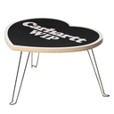 Round table with black top and white text on a white background