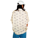 Person wearing a floral shirt and white cap from behind on a white background