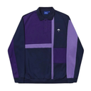 A long-sleeve colorblock polo shirt in navy blue and purple, featuring a small white umbrella logo on the left chest, displayed against a solid white background.