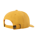 Yellow cap with a brown leather strap on a white background