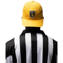 Person wearing a yellow cap with a logo and a black and white striped shirt on a white background